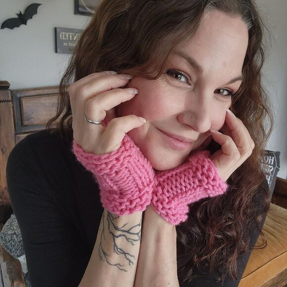 Hand Knit Fingerless Gloves, Armwarmers in Pink, One of a Kind - Picture 3 of 10
